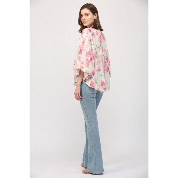 Floral Sequin Bubble Sleeve Blouse - Picture 9 of 12